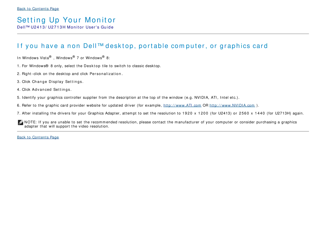 Dell U2713H manual Click Change Display Settings Click Advanced Settings 