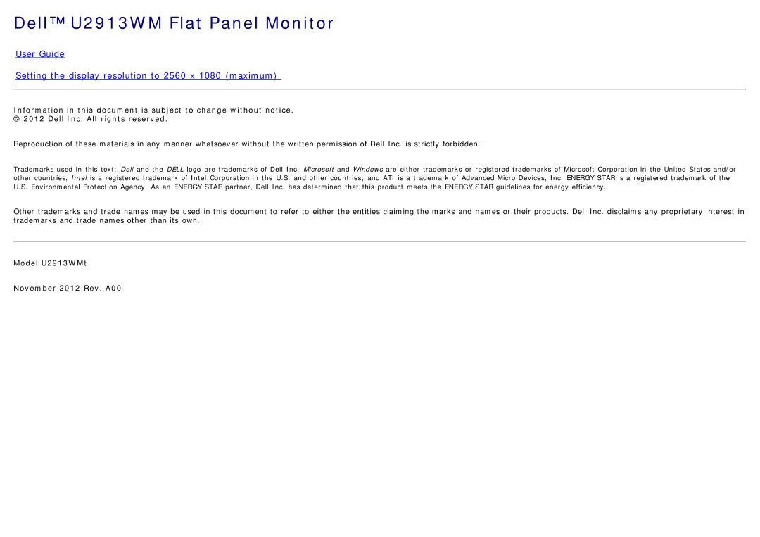 Dell manual Dell U2913WM Flat Panel Monitor 