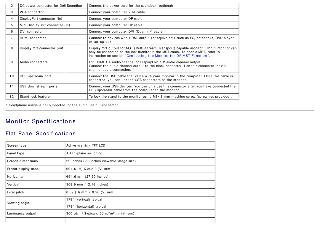 Dell U2913WM manual Monitor Specifications, Flat Panel Specifications 