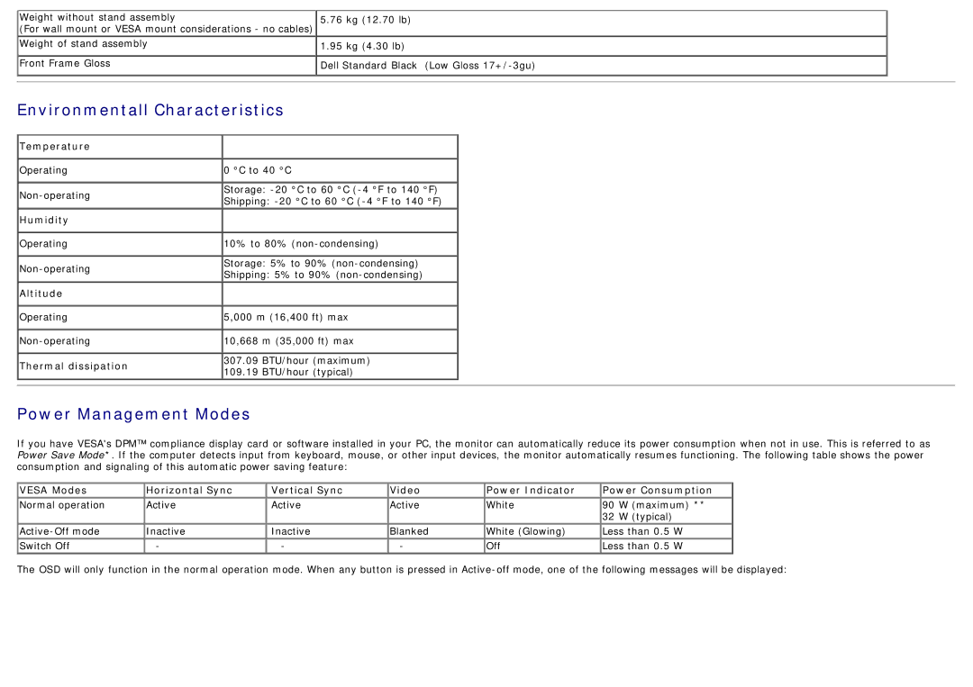 Dell U2913WM manual Environmentall Characteristics, Power Management Modes 