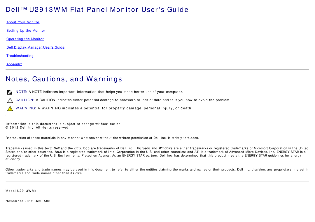 Dell manual Dell U2913WM Flat Panel Monitor Users Guide 