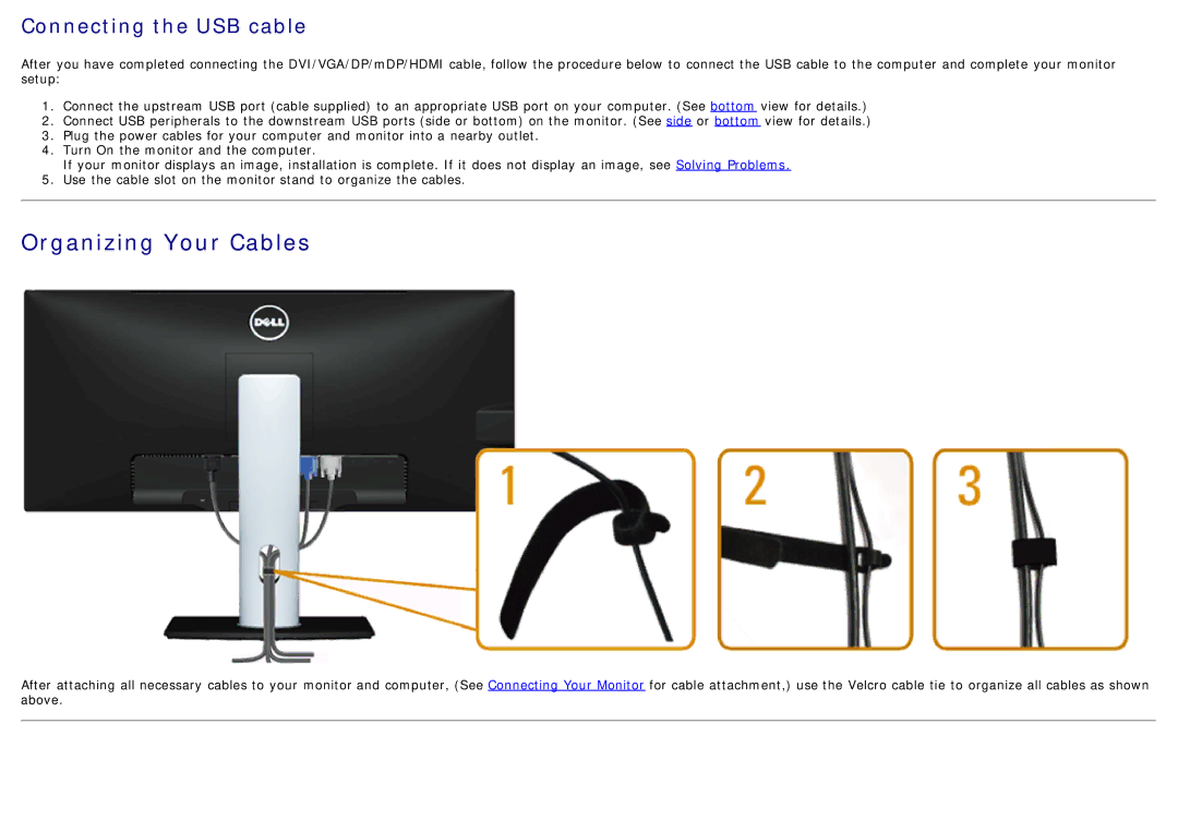 Dell U2913WM manual Organizing Your Cables, Connecting the USB cable 