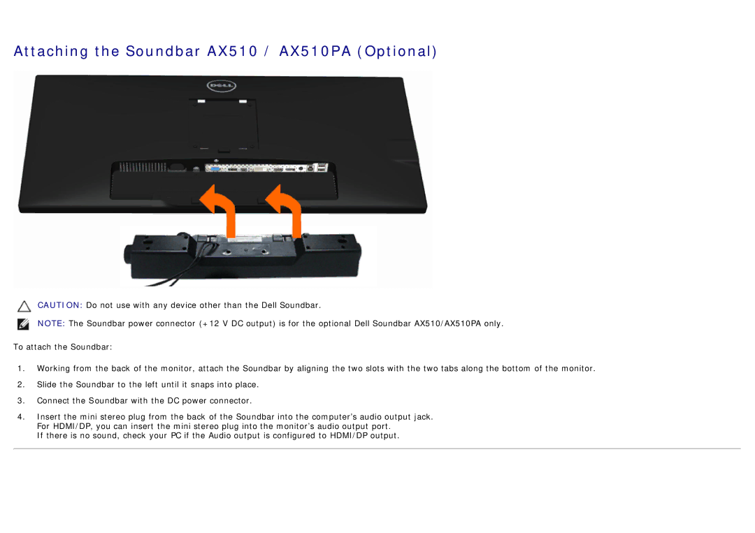 Dell U2913WM manual Attaching the Soundbar AX510 / AX510PA Optional 