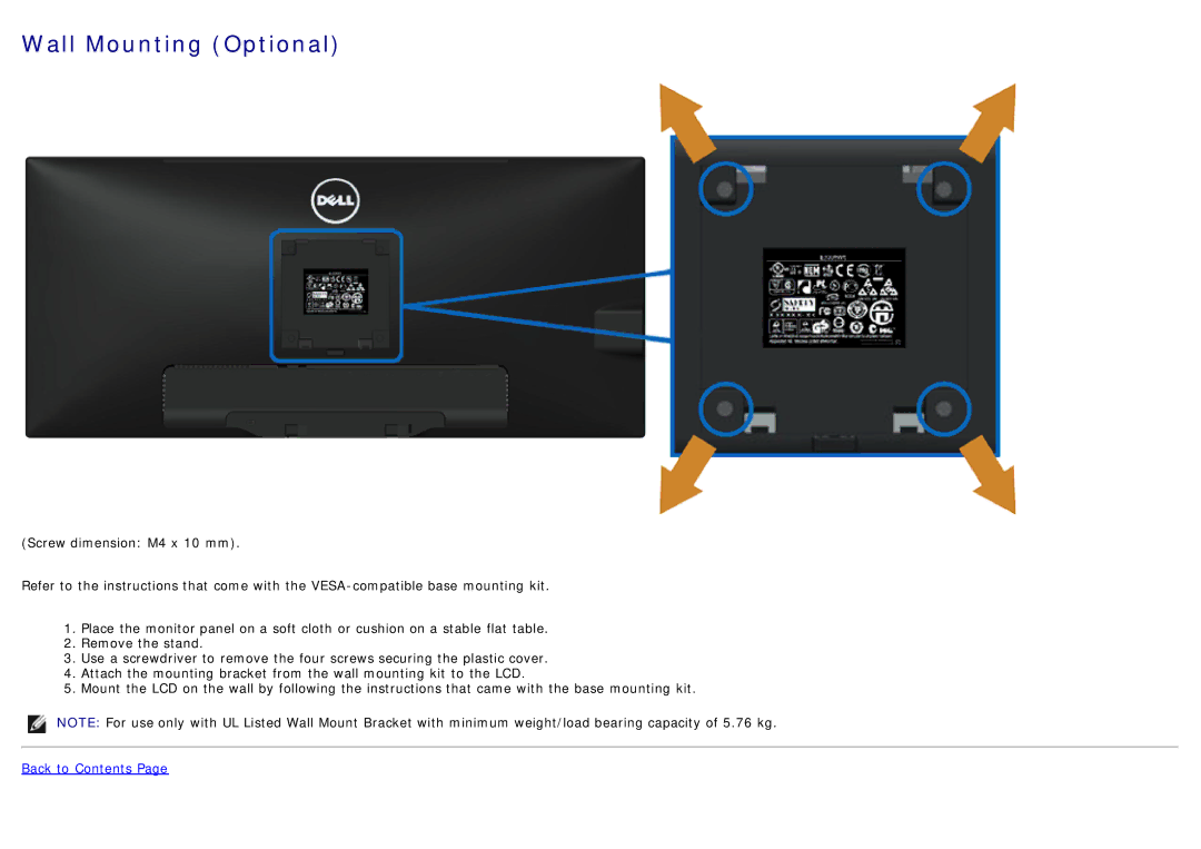 Dell U2913WM manual Wall Mounting Optional 