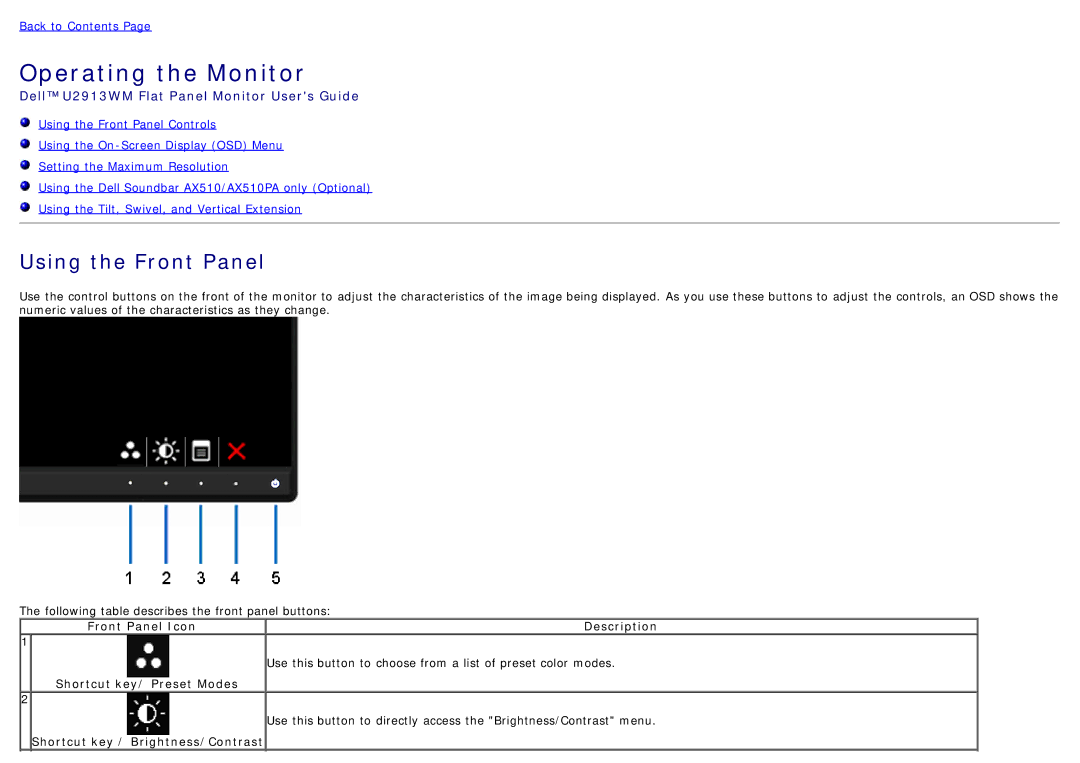 Dell U2913WM manual Using the Front Panel, Front Panel Icon Description, Shortcut key/ Preset Modes 