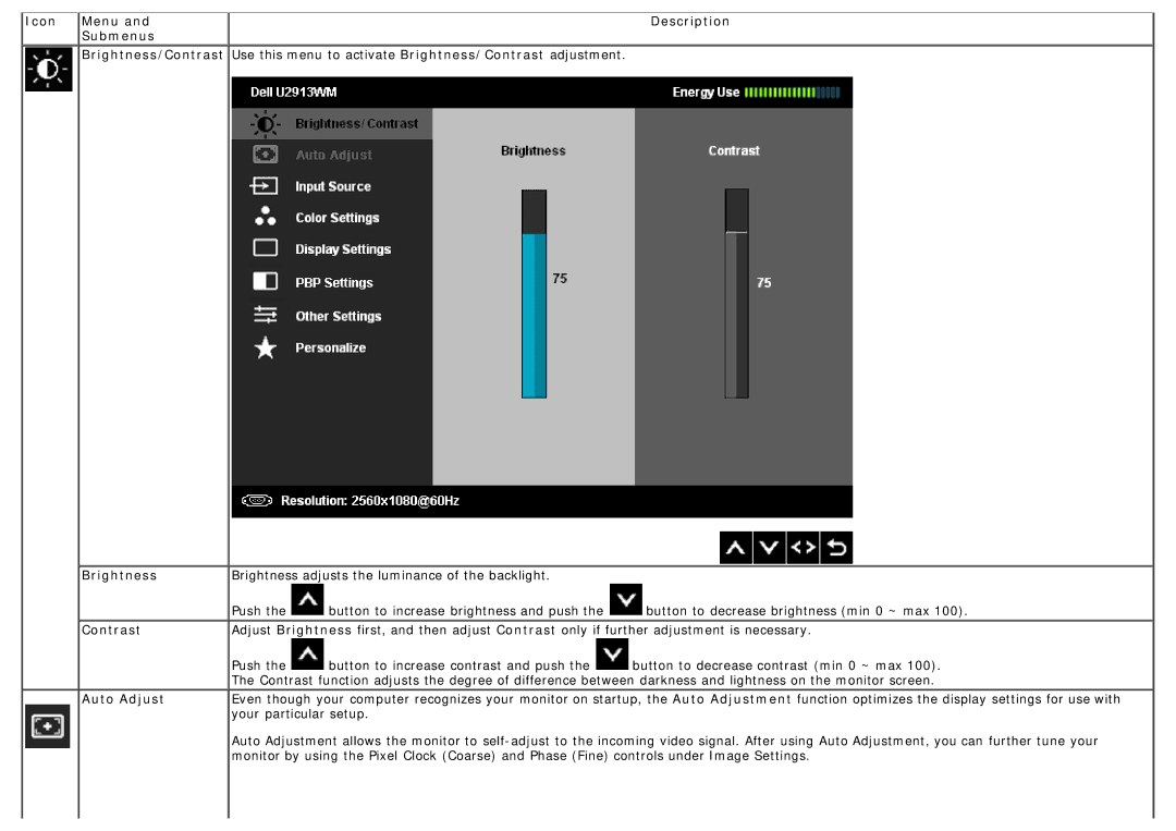 Dell U2913WM manual Contrast, Auto Adjust 