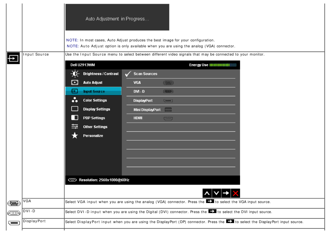 Dell U2913WM manual Input Source VGA DVI-D DisplayPort 