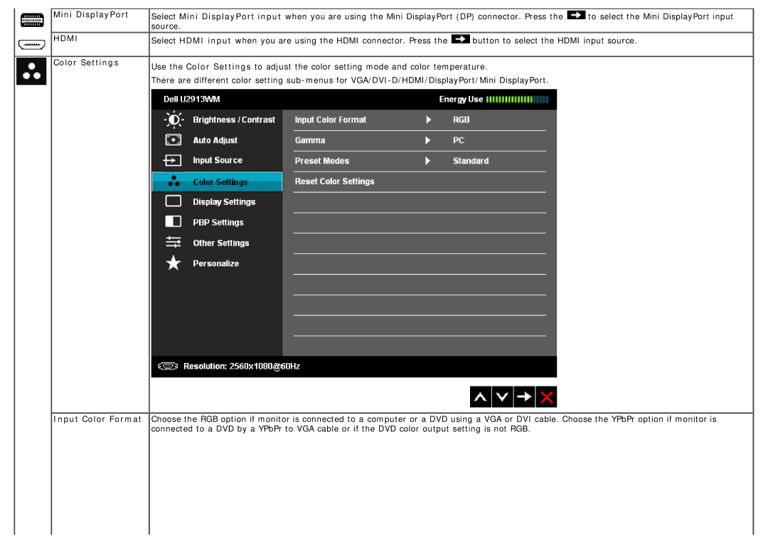Dell U2913WM manual Mini DisplayPort Hdmi Color Settings Input Color Format 
