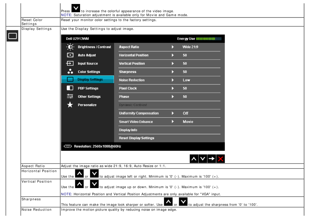 Dell U2913WM manual Reset Color, Settings Display Settings, Aspect Ratio, Horizontal Position, Vertical Position, Sharpness 