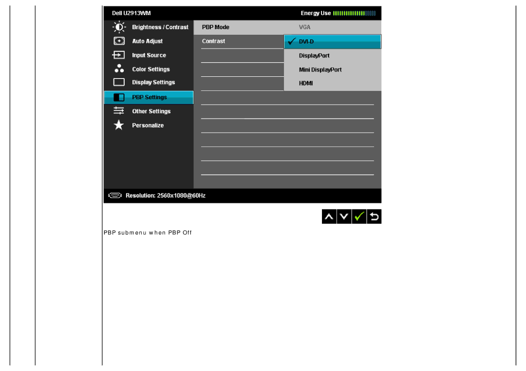 Dell U2913WM manual PBP submenu when PBP Off 