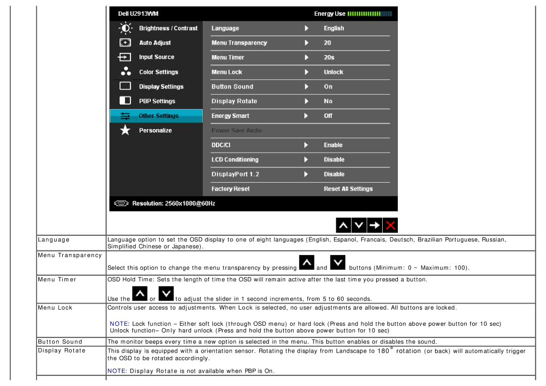 Dell U2913WM manual Language, Menu Transparency, Menu Timer, Menu Lock, Button Sound, Display Rotate 