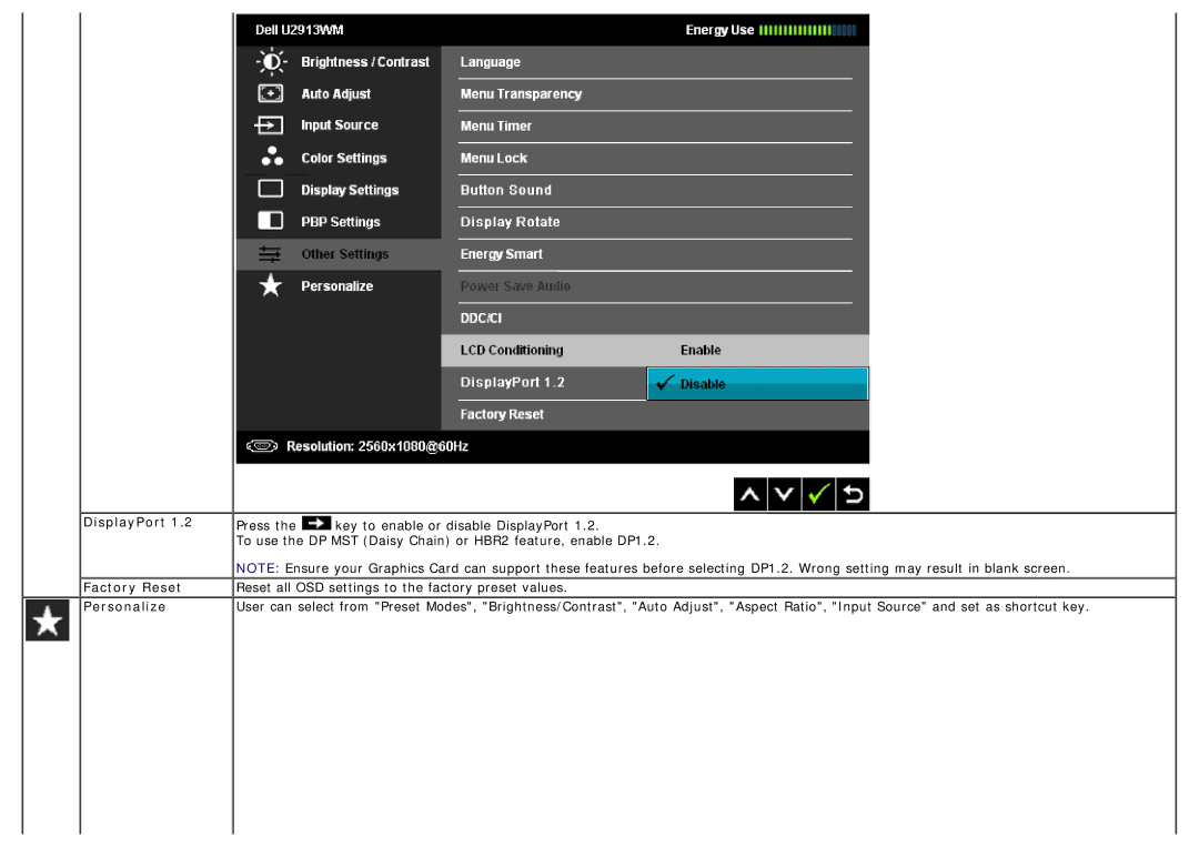 Dell U2913WM manual DisplayPort Factory Reset Personalize 