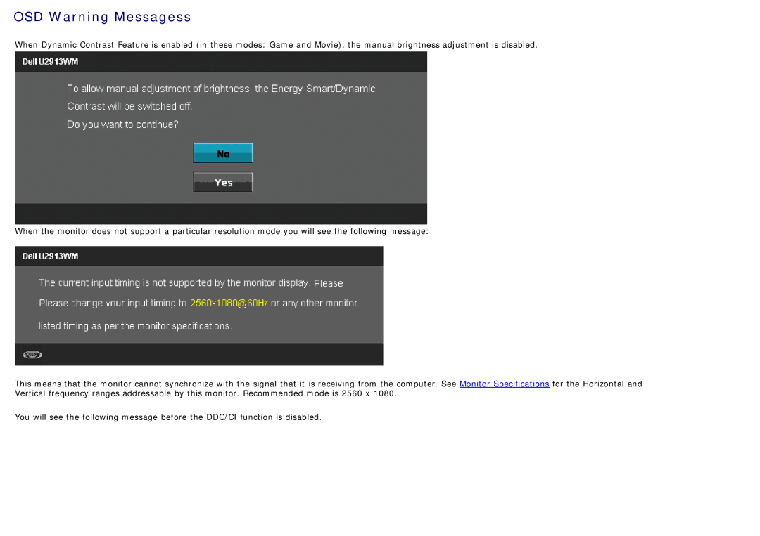 Dell U2913WM manual OSD Warning Messagess 