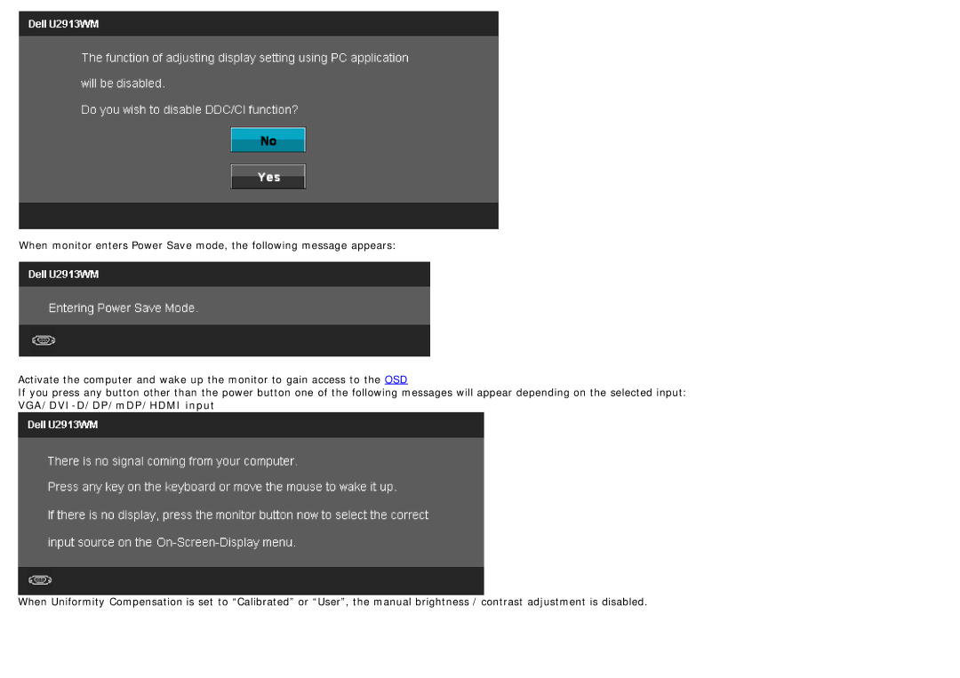 Dell U2913WM manual VGA/DVI-D/DP/mDP/HDMI input 