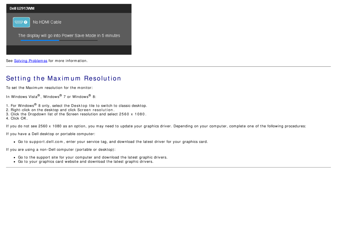 Dell U2913WM manual Setting the Maximum Resolution 