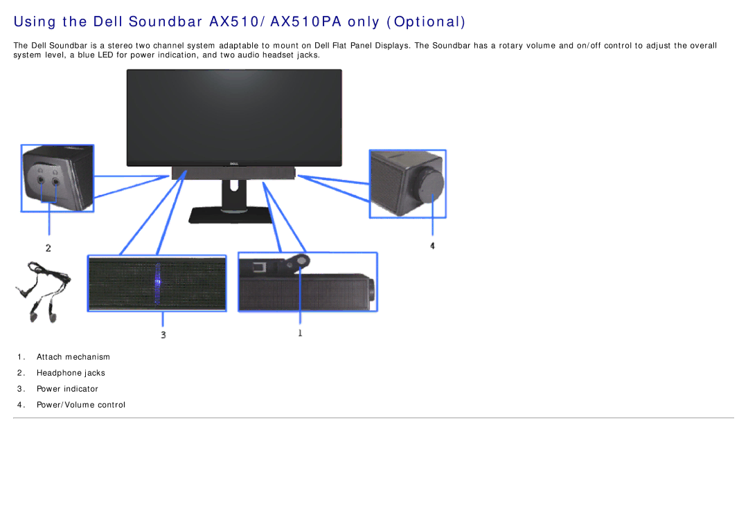 Dell U2913WM manual Using the Dell Soundbar AX510/AX510PA only Optional 