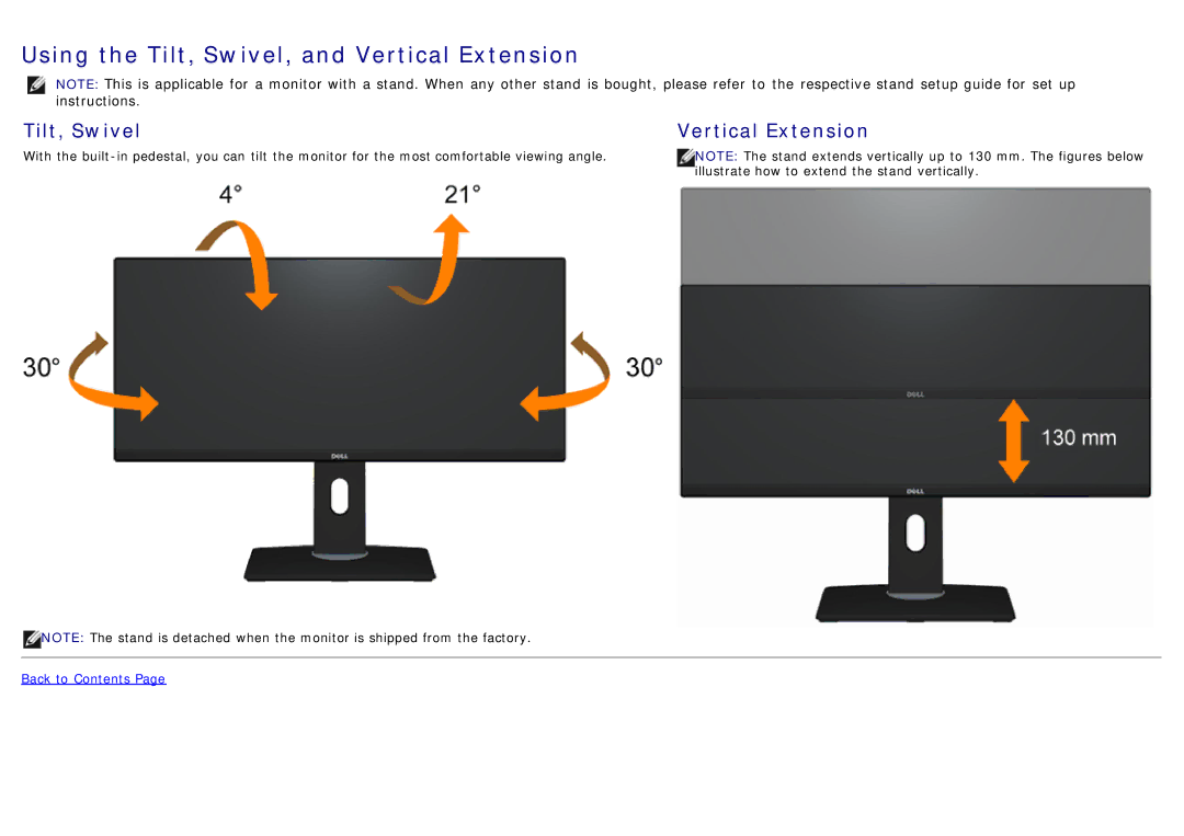 Dell U2913WM manual Using the Tilt, Swivel, and Vertical Extension, Tilt, Swivel Vertical Extension 