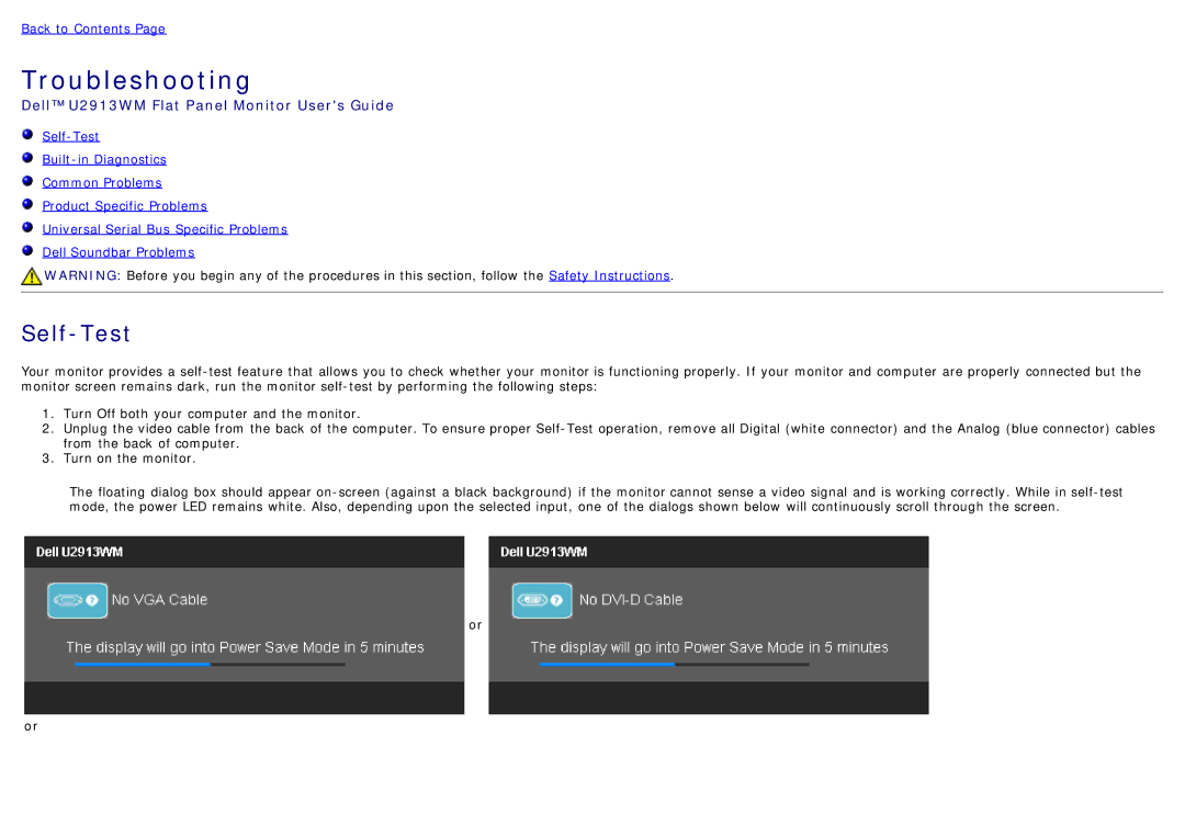 Dell U2913WM manual Troubleshooting, Self-Test 