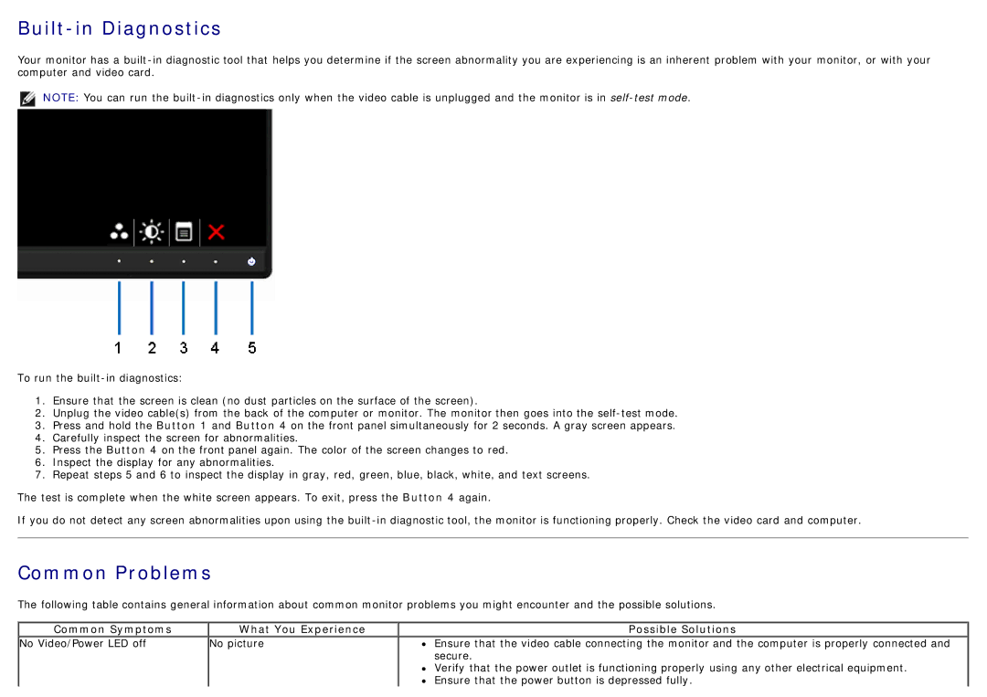 Dell U2913WM manual Built-in Diagnostics, Common Problems, Common Symptoms What You Experience Possible Solutions 