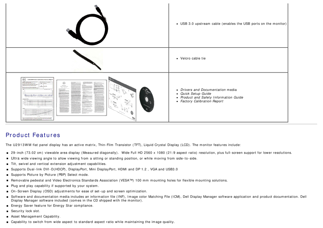 Dell U2913WM manual Product Features 