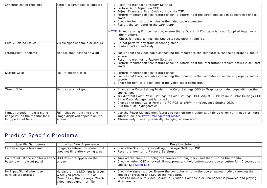 Dell U2913WM manual Product Specific Problems, Specific Symptoms What You Experience 