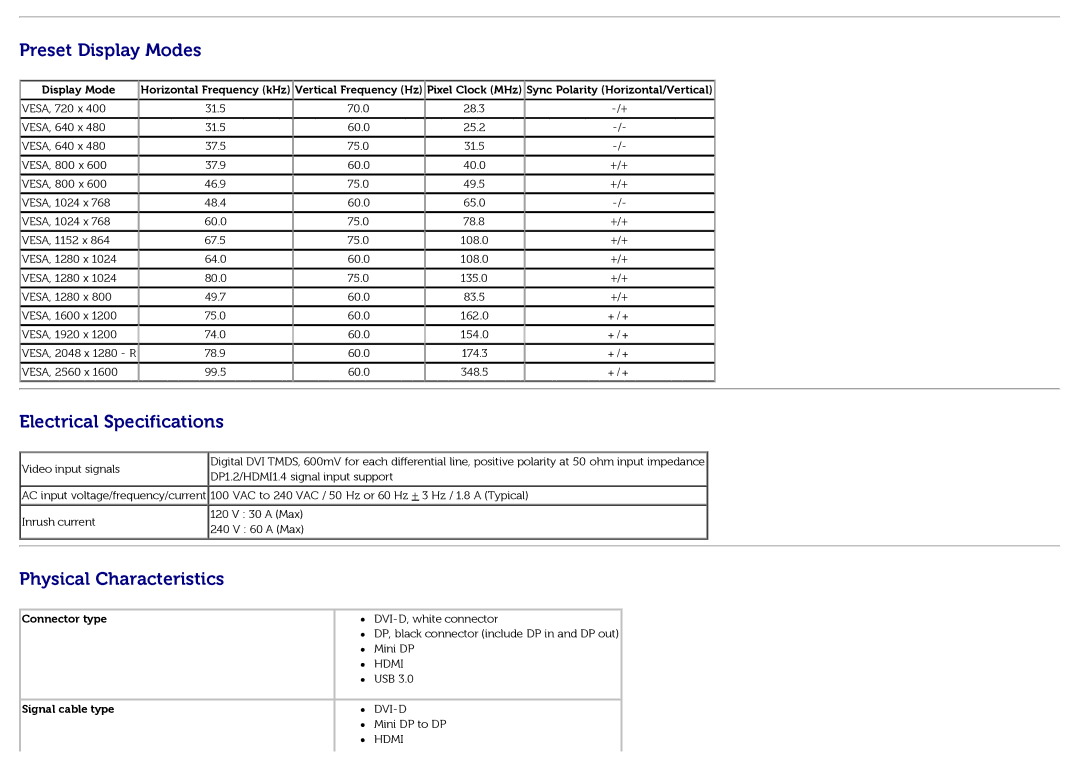 Dell U3014t Preset Display Modes, Electrical Specifications, Physical Characteristics, Connector type Signal cable type 