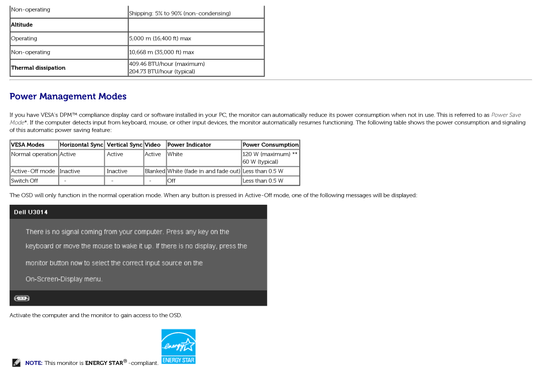 Dell U3014t manual Power Management Modes, Altitude, Thermal dissipation 