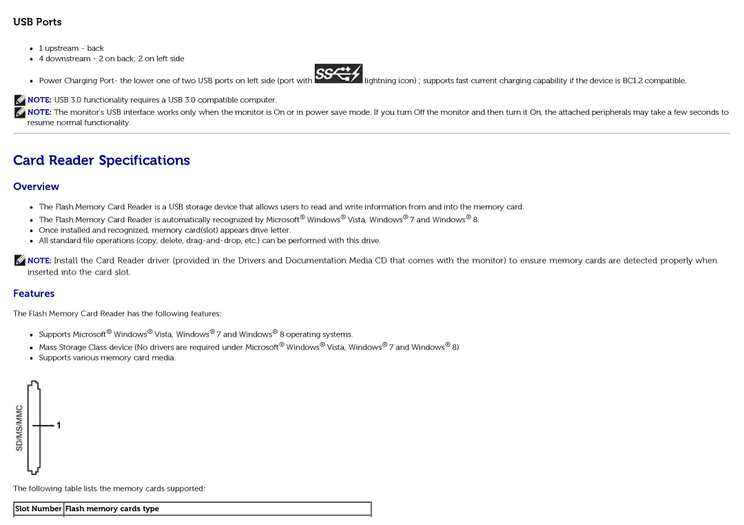 Dell U3014t manual Card Reader Specifications, Slot Number Flash memory cards type 