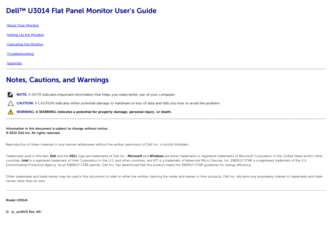 Dell U3014t manual Dell U3014 Flat Panel Monitor Users Guide 