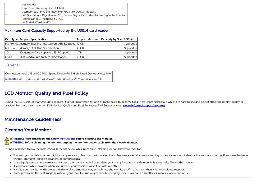 Dell U3014t manual LCD Monitor Quality and Pixel Policy Maintenance Guideliness, Cleaning Your Monitor 