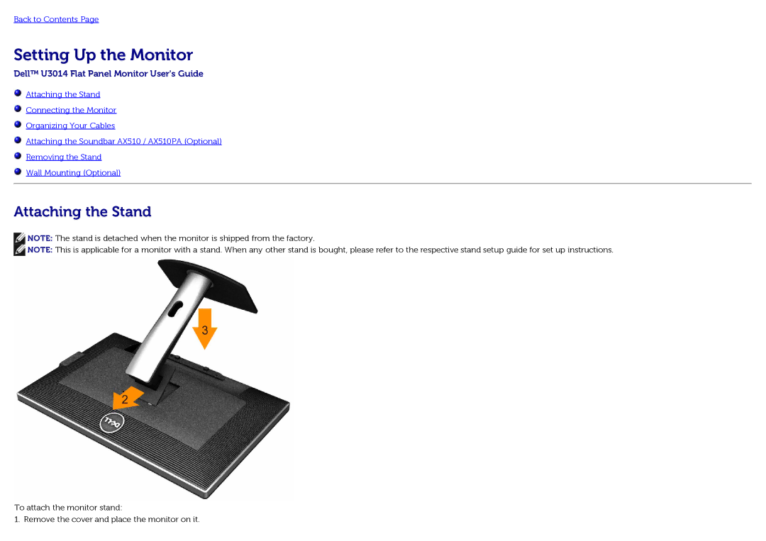 Dell U3014t manual Setting Up the Monitor, Attaching the Stand 