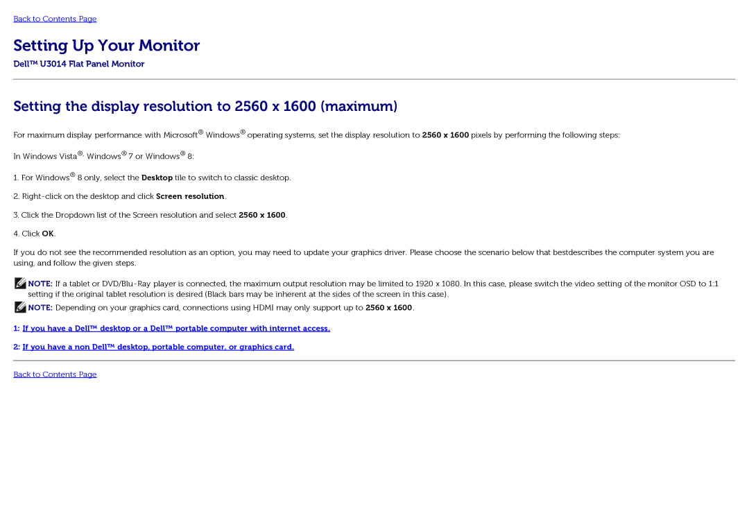 Dell U3014t manual Setting Up Your Monitor, Setting the display resolution to 2560 x 1600 maximum 