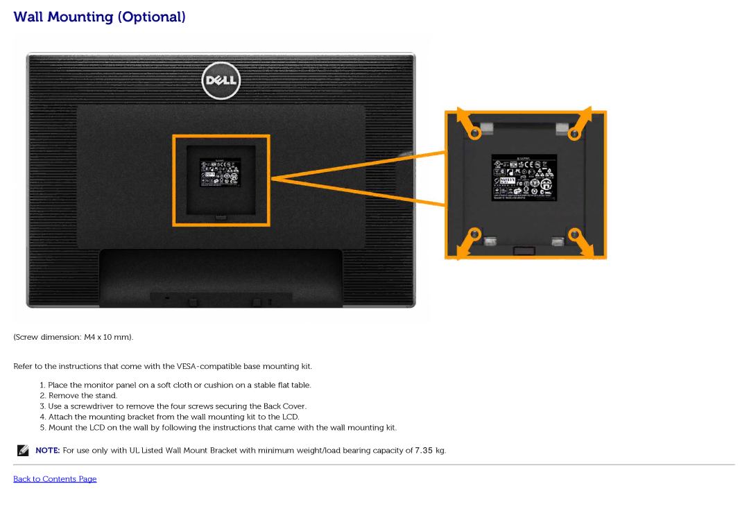 Dell U3014t manual Wall Mounting Optional 