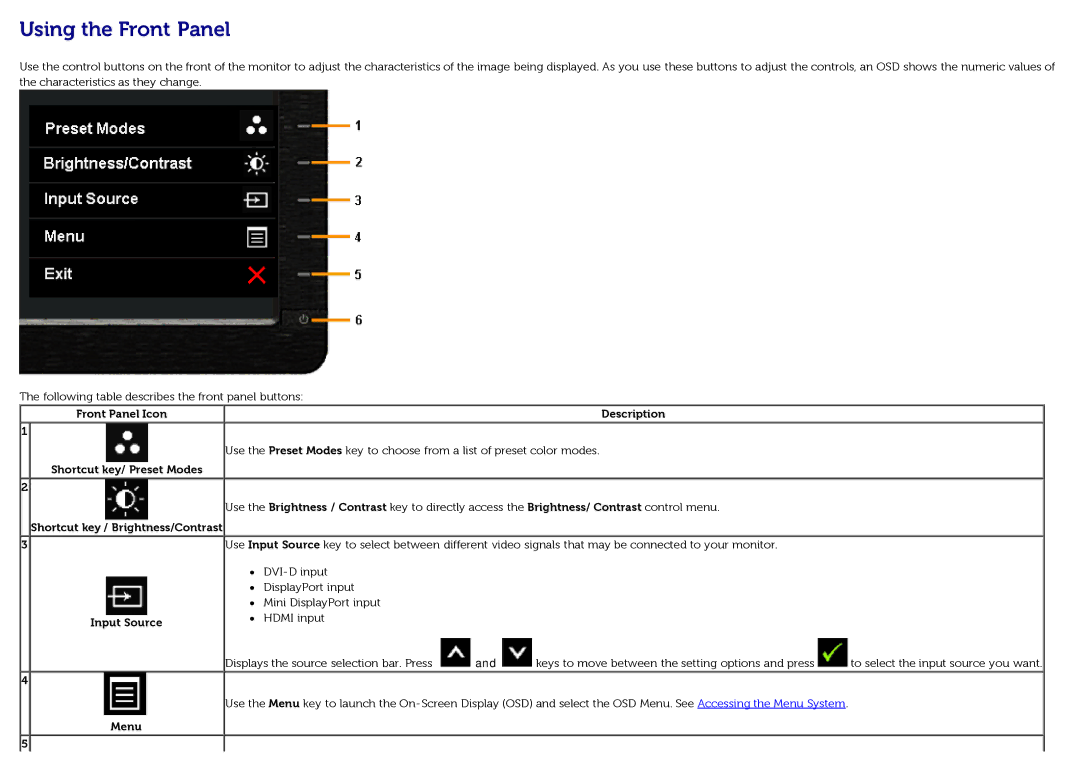 Dell U3014t manual Using the Front Panel 