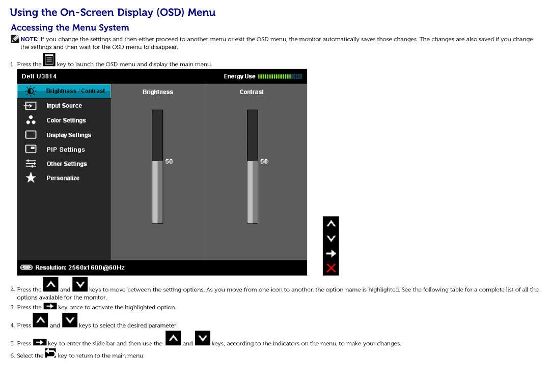 Dell U3014t manual Using the On-Screen Display OSD Menu, Accessing the Menu System 