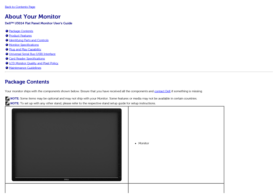 Dell U3014t manual About Your Monitor, Package Contents 