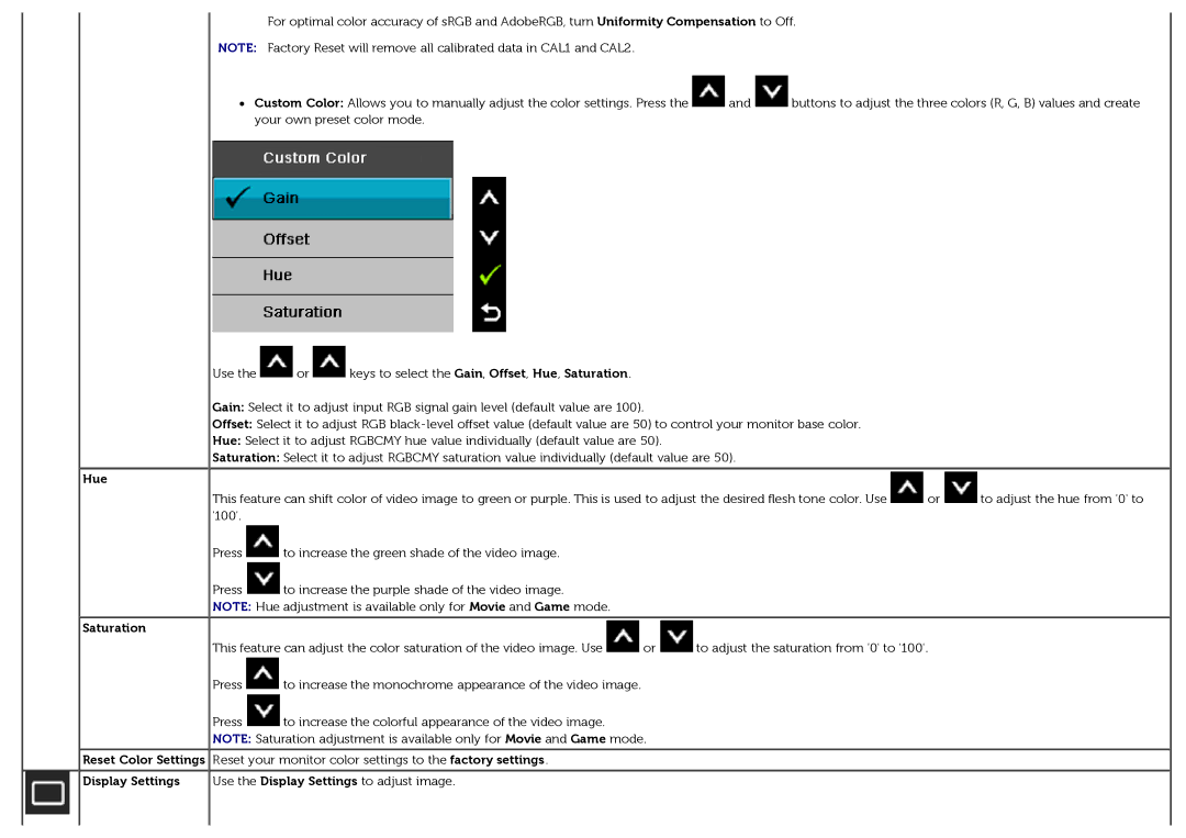 Dell U3014t manual Hue, Saturation, Display Settings Use the Display Settings to adjust image 