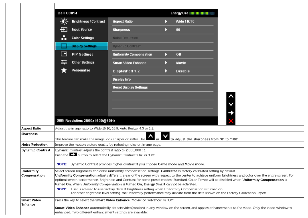 Dell U3014t Aspect Ratio, Sharpness, Noise Reduction, Dynamic Contrast, Uniformity, Compensation, Smart Video, Enhance 