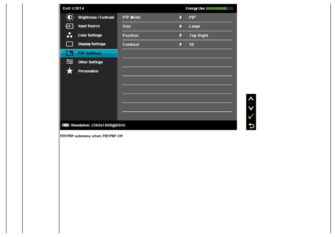 Dell U3014t manual PIP/PBP submenu when PIP/PBP Off 