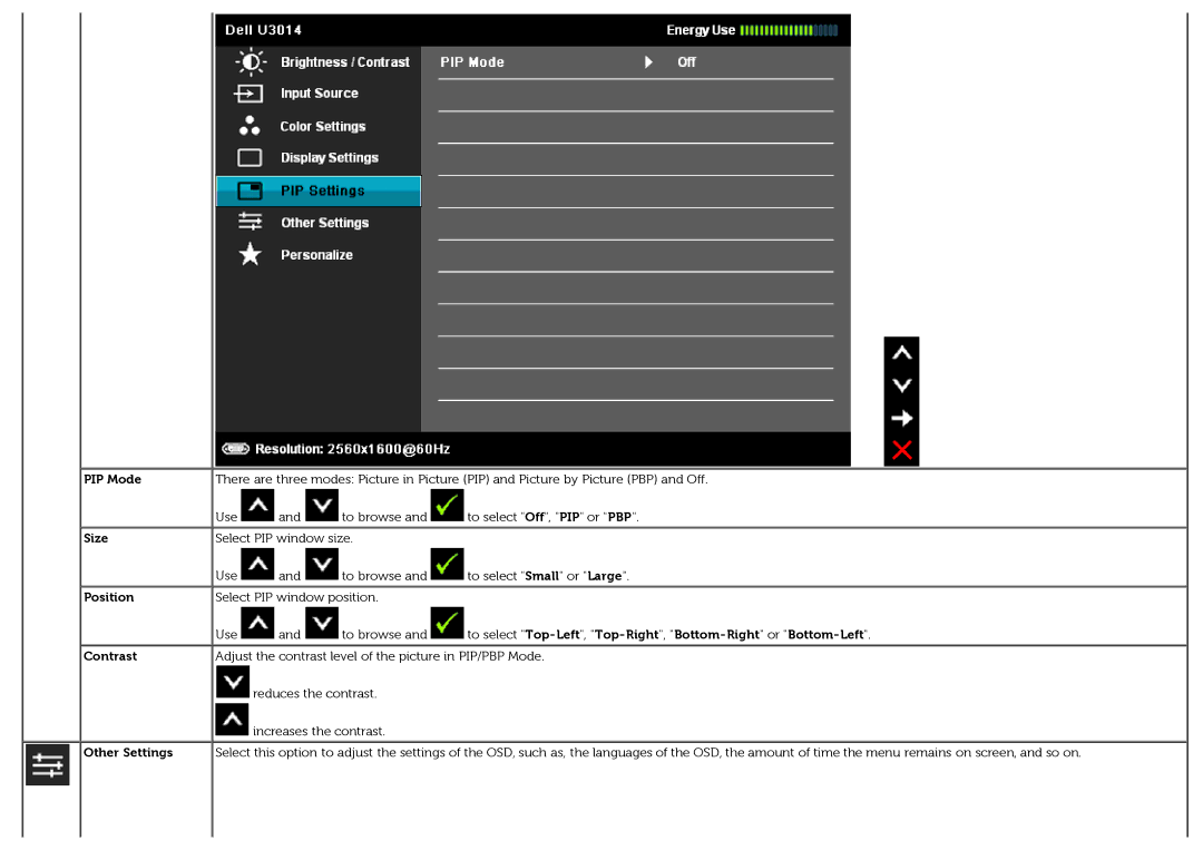 Dell U3014t manual PIP Mode, Size, Position, Other Settings 