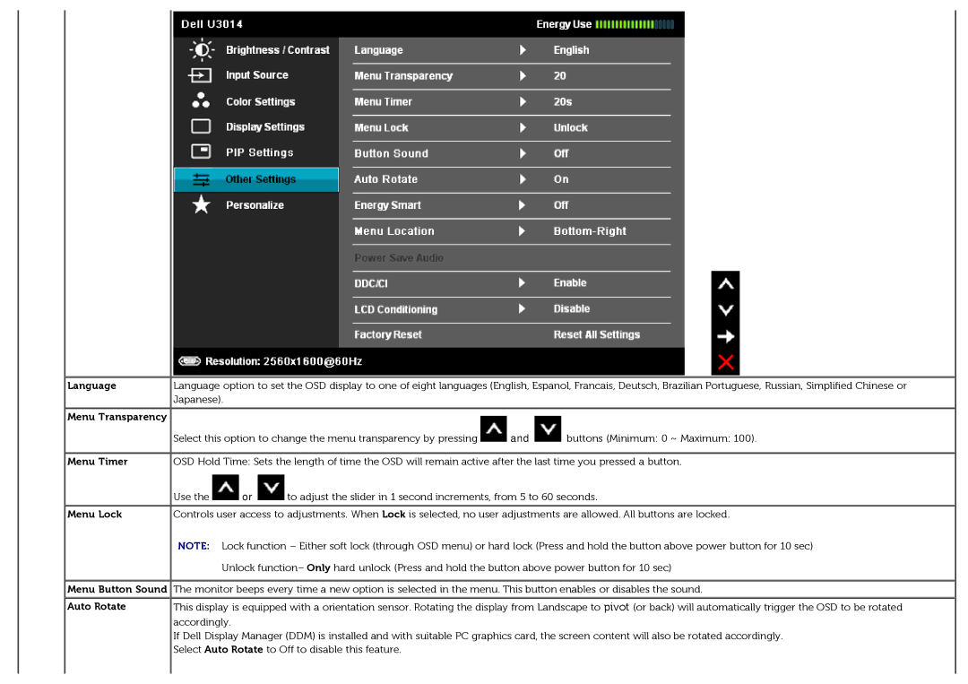 Dell U3014t manual Language, Menu Transparency, Menu Timer, Menu Lock, Auto Rotate 