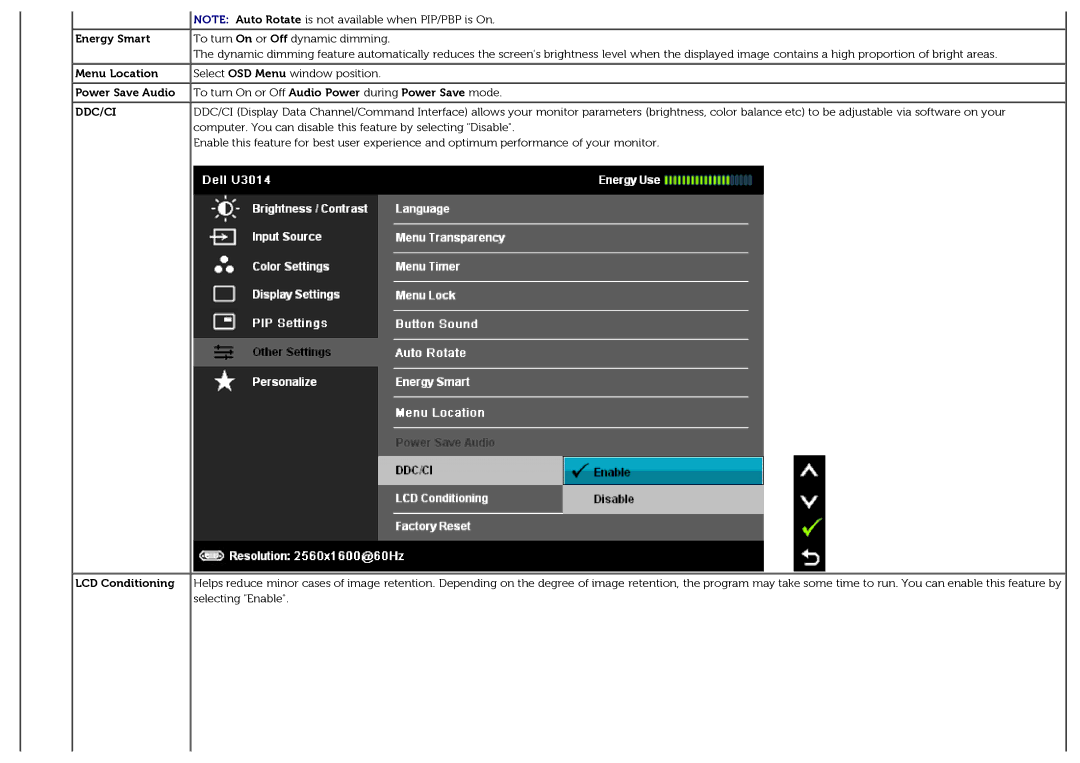 Dell U3014t manual Energy Smart, Menu Location, Power Save Audio 