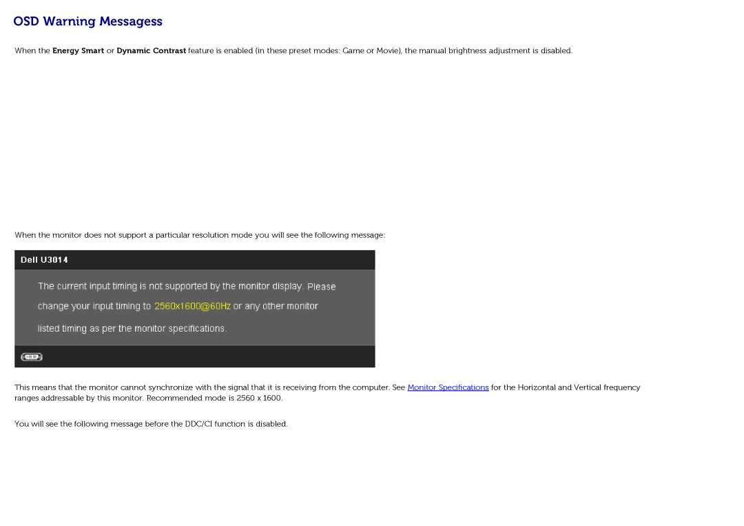 Dell U3014t manual OSD Warning Messagess 