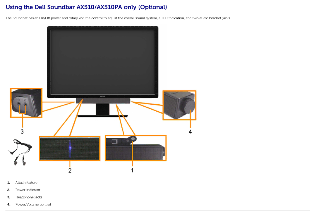 Dell U3014t manual Using the Dell Soundbar AX510/AX510PA only Optional 