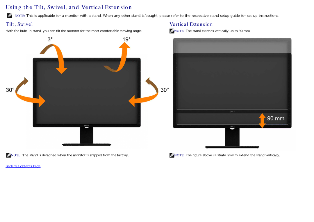 Dell U3014t manual Using the Tilt, Swivel, and Vertical Extension, Tilt, Swivel Vertical Extension 