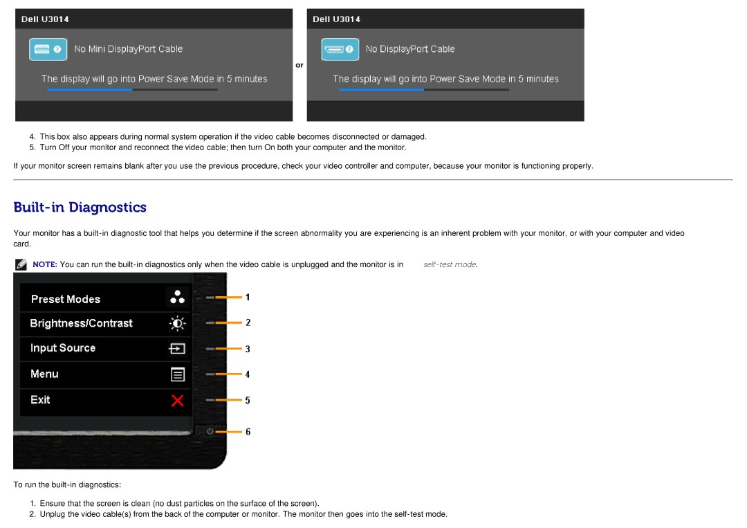 Dell U3014t manual Built-in Diagnostics 