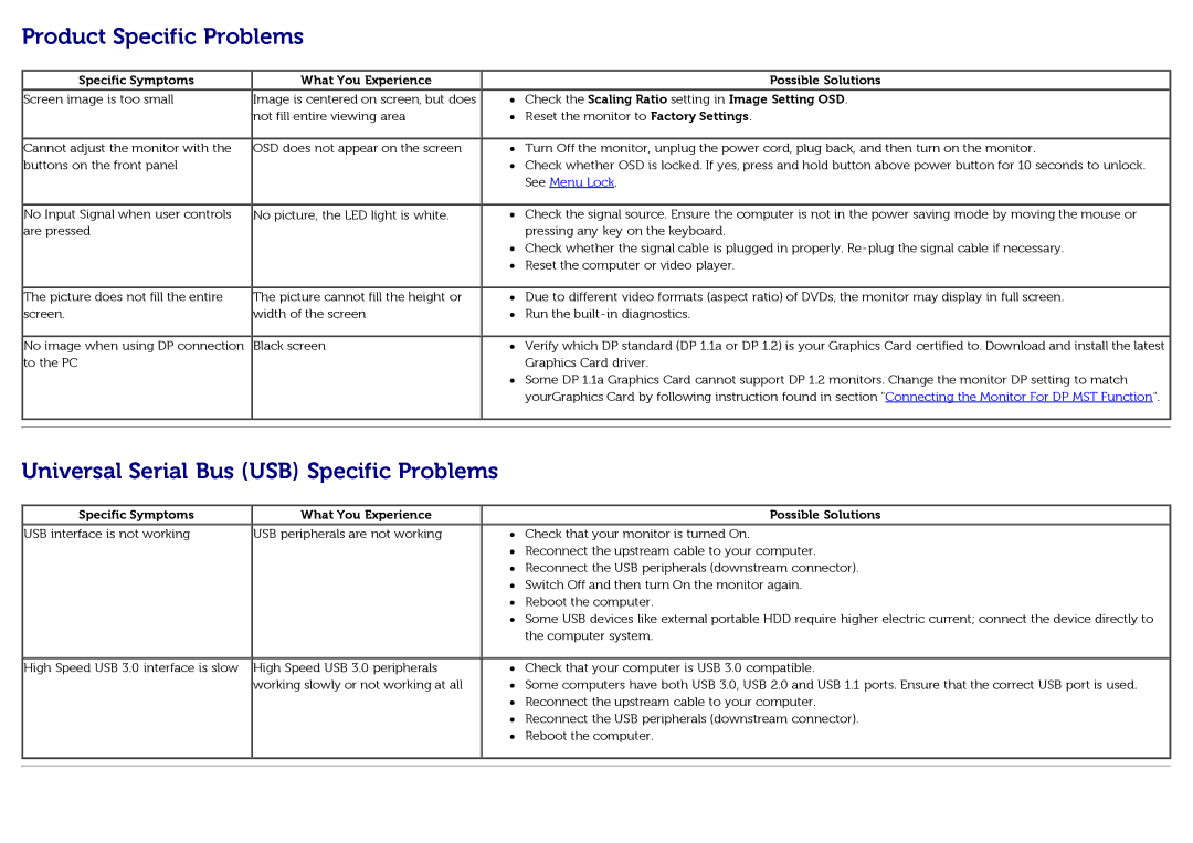 Dell U3014t manual Product Specific Problems, Universal Serial Bus USB Specific Problems, Specific Symptoms 