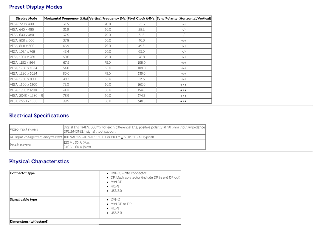 Dell U3014 manual Preset Display Modes, Electrical Specifications, Physical Characteristics 