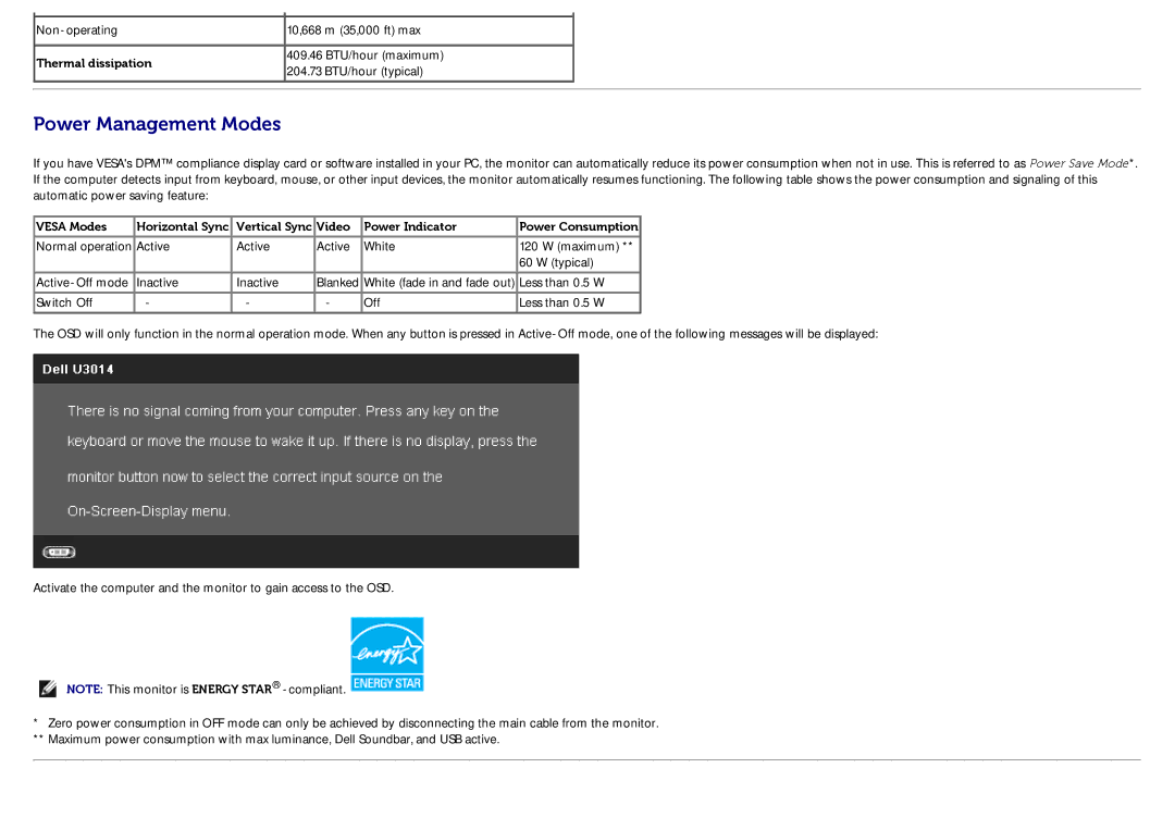 Dell U3014 manual Power Management Modes 