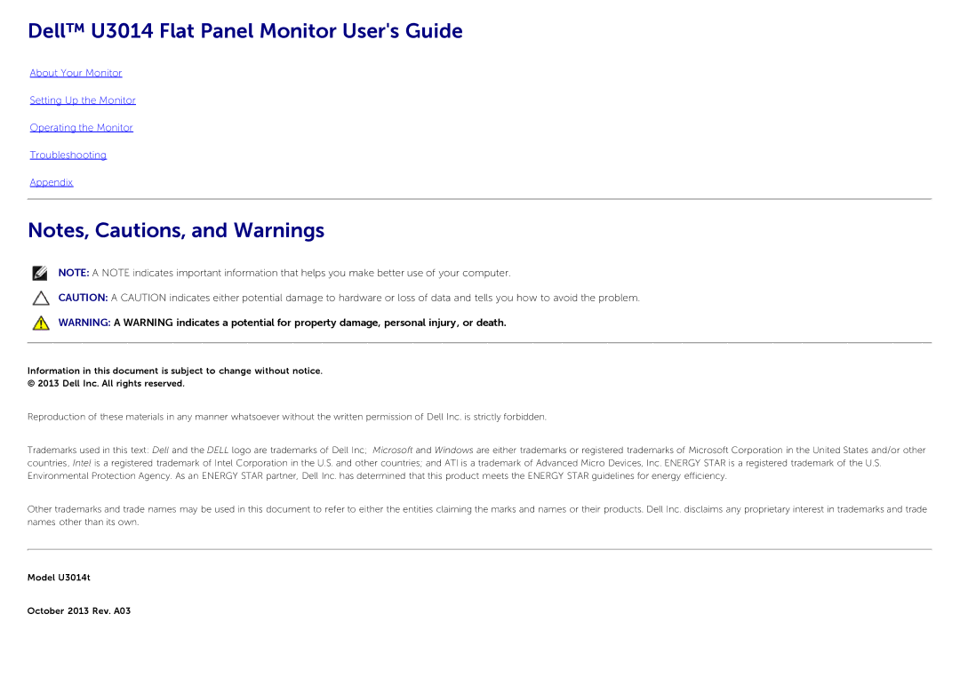 Dell manual Dell U3014 Flat Panel Monitor Users Guide 